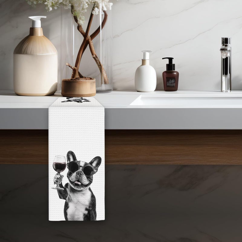 FIicy French Bulldog Gifts Wine Dog Kitchen Towels, Gifts for French Bulldog Wine Lovers Decorative Hand Dish Towel for Kitchen Home Bar,Funny Frenchie WineLover Home Bar Kitchens Decor(16x24In) - Image 5